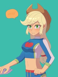 Size: 1620x2160 | Tagged: safe, artist:haibaratomoe, applejack, rarity, equestria girls, equestria girls specials, g4, my little pony equestria girls: better together, my little pony equestria girls: forgotten friendship, applejack's beach shorts swimsuit, belly button, blushing, breasts, busty applejack, clothes, eye clipping through hair, eyebrows, eyebrows visible through hair, female, freckles, green background, holding hands, midriff, offscreen character, simple background, solo focus, stupid sexy applejack, swimsuit, tomboy