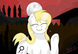 Size: 1280x887 | Tagged: safe, artist:friedrich911, oc, oc only, oc:susanne, pony, blonde, eyes closed, female, house, mare, moon, raised hoof, sky, smiling, solo, stars, sunset, tree, waving, white