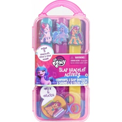 Size: 2000x2000 | Tagged: safe, izzy moonbow, sunny starscout, zipp storm, earth pony, pony, unicorn, g5, official, box, bracelet, female, high res, mare, merchandise, my little pony logo, plastic, text, toy