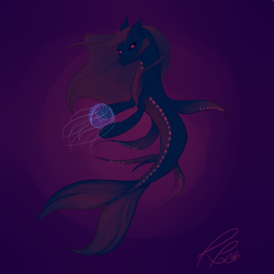 Size: 2000x2000 | Tagged: safe, artist:elderflowerfoo, oc, oc only, jellyfish, merpony, seapony (g4), crepuscular rays, dorsal fin, fish tail, flowing mane, flowing tail, glowing eyes, high res, ocean, signature, simple background, solo, tail, underwater, water