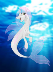 Size: 784x1054 | Tagged: safe, artist:amaryllisdreamer, oc, oc only, seapony (g4), clothes, crepuscular rays, eyelashes, fin wings, fins, fish tail, flowing tail, ocean, open mouth, see-through, signature, smiling, solo, sunlight, swimming, tail, teeth, underwater, water, wings, yellow eyes