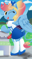Size: 1038x1920 | Tagged: safe, artist:mrleft, oc, oc:merrifeather, pegasus, pony, bipedal, bipedal leaning, building, clothes, cloud, escalator, flight attendant, giant pony, implied wing hole, leaning, leonine tail, looking at you, looking back, looking back at you, macro, mountain, one eye closed, pegasus oc, rear view, smiling, tail, tail hole, uniform, wink, winking at you