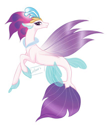 Size: 917x1074 | Tagged: safe, artist:coloursofrainbows, queen novo, seapony (g4), g4, my little pony: the movie, collar, colored pupils, crown, dorsal fin, eyelashes, female, fin wings, fins, fish tail, flowing tail, glowing, jewelry, purple eyes, purple wings, regalia, signature, simple background, smiling, solo, tail, white background, wings