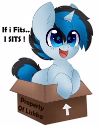 Size: 2912x3622 | Tagged: safe, artist:pegamutt, oc, oc only, oc:solar gizmo, pony, unicorn, behaving like a cat, box, chest fluff, cute, eye clipping through hair, high res, if i fits i sits, ocbetes, open mouth, open smile, pony in a box, simple background, smiling, solo, white background