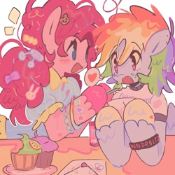 Size: 1080x1080 | Tagged: safe, artist:bland__boy, pinkie pie, rainbow dash, earth pony, pegasus, semi-anthro, g4, alternate hairstyle, arm hooves, blouse, clothes, cupcake, envelope, feeding, female, food, heart, hoof hold, lesbian, monster energy, open mouth, open smile, pictogram, ship:pinkiedash, shipping, shirt, smiling, spoon, t-shirt, wristband