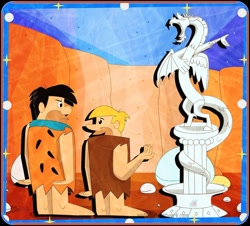Size: 1080x976 | Tagged: safe, artist:fadartworkpage, discord, draconequus, human, g4, barney rubble, caveman, crossover, digital art, fred flintstone, hanna barbera, looking at each other, male, orange background, retro, signature, simple background, statue, story included, talking, the flintstones, unamused