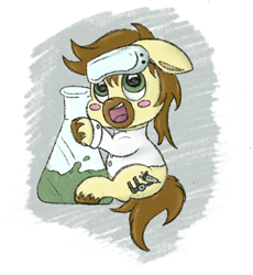 Size: 1016x1103 | Tagged: safe, artist:ledwine glass, oc, oc only, oc:caspasin42, earth pony, pony, blushing, clothes, flask, floppy ears, glasses, glasses off, grabbing, green eyes, lab coat, male, simple background, sitting, sitting on tail, solo, stallion