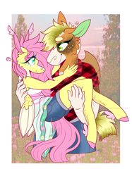 Size: 1280x1707 | Tagged: safe, artist:glitter-pastel-foxes, applejack, fluttershy, earth pony, pegasus, anthro, unguligrade anthro, g4, bridal carry, carrying, female, lesbian, looking at each other, ship:appleshy, shipping