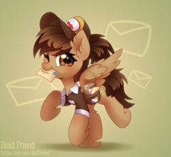 Size: 3200x2936 | Tagged: safe, artist:dedfriend, oc, oc only, pegasus, pony, cute, ear fluff, female, hat, high res, letter, looking at you, mailmare, mailpony, mare, mouth hold, one eye closed, pegasus oc, ponytail, smiling, smiling at you, solo, spread wings, standing, standing on one leg, wings, wink, winking at you