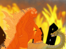 Size: 4032x3024 | Tagged: safe, artist:lordshrekzilla20, kaiju, fanfic:godzilla:clash of the titans, burning godzilla, crystal empire, fanfic art, fire, godzilla, godzilla (series), king ghidorah