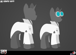 Size: 2826x2049 | Tagged: safe, artist:isaac_pony, pony, unicorn, badge, buttons, doom equestria, female, glasses, high res, horn, logo, male, scientist, text, uac, vector