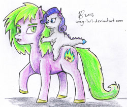 Size: 1200x1013 | Tagged: safe, artist:animatorwil, rarity, spike, dragon, pony, g4, dragoness, dragonified, dragons riding ponies, duo, female, ponified, ponified spike, raridragon, riding, role reversal, species swap, traditional art