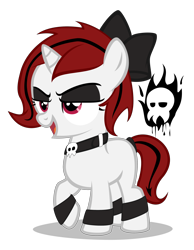 Size: 2340x3020 | Tagged: safe, artist:strategypony, oc, oc only, oc:bubbles, oc:lilith, pony, succubus, unicorn, blank flank, bow, collar, cute, eyeshadow, female, filly, high res, horn, ink, lidded eyes, makeup, ocbetes, open mouth, open smile, raised hoof, simple background, skull, smiling, transparent background, unicorn oc