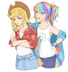 Size: 500x522 | Tagged: artist needed, source needed, safe, artist:yumu3699, applejack, rainbow dash, human, g4, applejack's hat, arm on shoulder, cowboy hat, crossed arms, female, hat, humanized, lesbian, looking at each other, ponytail, ship:appledash, shipping, simple background, smiling, white background