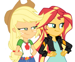 Size: 1201x999 | Tagged: safe, edit, edited screencap, screencap, applejack, sunset shimmer, equestria girls, equestria girls specials, fomo, g4, my little pony equestria girls: better together, my little pony equestria girls: movie magic, applejack is best facemaker, background removed, female, geode of super strength, hand on hip, hands behind back, lesbian, magical geodes, ship:appleshimmer, shipping, simple background, smiling, smirk, smug, smugjack, smugset shimmer, transparent background