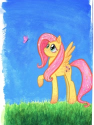 Size: 1964x2608 | Tagged: safe, artist:aliwoodruff, fluttershy, butterfly, pegasus, pony, g4, female, gouache, grass, high res, looking at something, looking up, mare, outdoors, raised hoof, smiling, solo, spread wings, standing, traditional art, wings