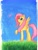 Size: 1964x2608 | Tagged: safe, artist:aliwoodruff, fluttershy, butterfly, pegasus, pony, g4, female, gouache, grass, high res, looking at something, looking up, mare, outdoors, raised hoof, smiling, solo, spread wings, standing, traditional art, wings