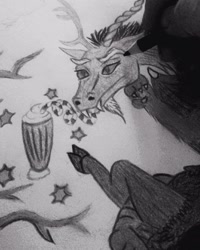 Size: 937x1171 | Tagged: safe, discord, draconequus, g4, black and white, food, grayscale, irl, monochrome, paper, shake, sketch, sketchbook, stars, straw, sweet, traditional art, whipped cream, wip