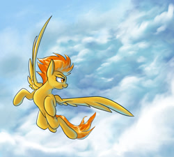 Size: 1280x1152 | Tagged: safe, artist:rocket-lawnchair, spitfire, pegasus, pony, g4, cloud, female, flying, grin, looking back, mare, sky, smiling, solo, spread wings, wings