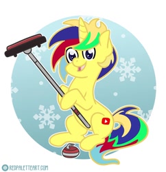 Size: 880x908 | Tagged: safe, artist:redpalette, oc, oc:sour patch, pony, unicorn, abstract background, curling, cute, horn, male, smiling, snow, snowflake, sports, stallion, unicorn oc