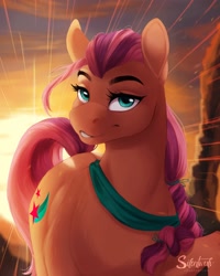 Size: 2400x3000 | Tagged: safe, artist:silentwulv, sunny starscout, earth pony, pony, g5, braid, cloud, cute, female, high res, looking at you, mare, signature, sky, solo, sun, sunnybetes, sunset