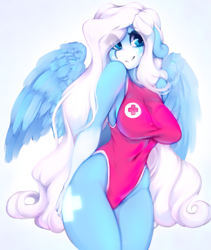 Size: 1181x1397 | Tagged: safe, artist:tolsticot, oc, oc only, oc:icy heart, pegasus, anthro, adorasexy, breasts, clothes, cute, female, floppy ears, lifeguard, looking at you, ocbetes, one-piece swimsuit, open mouth, pegasus oc, piercing, sexy, simple background, smiling, solo, spread wings, swimsuit, white background, wing fluff, wings