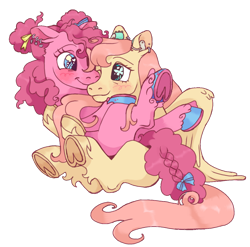 Size: 1280x1263 | Tagged: safe, artist:universalheart, fluttershy, pinkie pie, earth pony, pegasus, pony, g4, blushing, female, frog (hoof), holding a pony, lesbian, mare, missing cutie mark, ship:flutterpie, shipping, simple background, transparent background, underhoof, wingding eyes