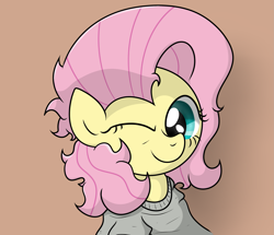 Size: 2359x2026 | Tagged: safe, artist:background basset, fluttershy, pegasus, pony, g4, bust, clothes, high res, looking at you, one eye closed, simple background, solo, tomboy, wink, winking at you