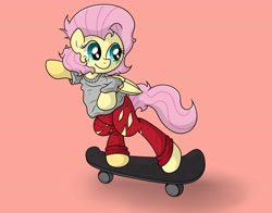 Size: 4096x3204 | Tagged: safe, artist:background basset, fluttershy, pegasus, pony, g4, bipedal, clothes, female, mare, pants, ripped pants, shirt, skateboard, smiling, solo, torn clothes