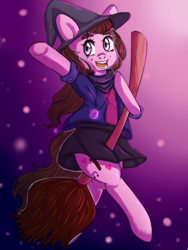 Size: 3000x4000 | Tagged: safe, artist:ranillopa, oc, oc only, earth pony, pony, broom, clothes, commission, digital art, female, flying, flying broomstick, hat, hooves, mare, open mouth, shirt, skirt, solo, tail, witch, witch hat