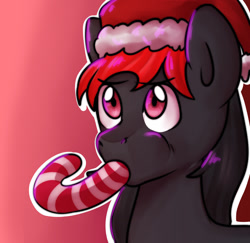 Size: 1280x1245 | Tagged: safe, artist:ranillopa, oc, oc only, earth pony, pony, candy, candy cane, christmas, commission, digital art, eating, food, hat, holiday, male, santa hat, simple background, solo, stallion, tail