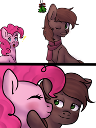 Size: 6000x8000 | Tagged: safe, artist:ranillopa, oc, earth pony, pony, bedroom eyes, blushing, canon x oc, cheek kiss, clothes, comic, commission, digital art, eyes closed, female, holly, holly mistaken for mistletoe, kissing, male, mare, one eye closed, scarf, shipping, simple background, sitting, smiling, stallion, straight, white background, ych result