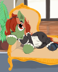 Size: 1024x1280 | Tagged: safe, artist:mrleft, oc, oc only, oc:withania nightshade, earth pony, original species, plant pony, pony, brown eyes, brown mane, brown tail, clothes, couch, earth pony oc, fainting couch, female, green coat, horse shoes, indoors, looking up, maid, one eye closed, plant, smiling, solo, squishy cheeks, window