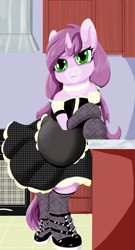 Size: 1038x1920 | Tagged: safe, artist:mrleft, oc, oc only, oc:mulberry tart, unicorn, semi-anthro, arm hooves, bipedal leaning, cabinet, chubby, clothes, coat markings, female, freckles, green eyes, horn, horse shoes, kitchen, leaning, maid, makeup, oven, pink coat, punk, purple mane, purple tail, solo, spikes, unicorn oc, unmoving plaid