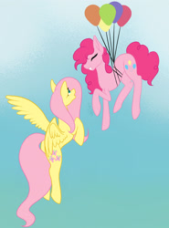 Size: 1280x1727 | Tagged: safe, artist:ladysnepi, fluttershy, pinkie pie, earth pony, pegasus, pony, g4, balloon, eyes closed, female, floating, flying, grin, lesbian, ship:flutterpie, shipping, smiling, then watch her balloons lift her up to the sky