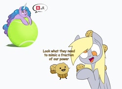 Size: 1726x1260 | Tagged: safe, artist:artponie, artist:testostepone, edit, editor:fluttershyisnot adoormat, derpy hooves, izzy moonbow, pegasus, pony, unicorn, g4, g5, ball, food, horn, invincible, izzy's tennis ball, meme, muffin, muffin man, simple background, tennis ball, that pony sure does love muffins, that pony sure does love tennis balls, white background, wings, 🅱