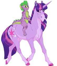Size: 1758x2013 | Tagged: safe, artist:neighbaby, spike, twilight sparkle, dragon, pony, unicorn, g4, alternate design, blaze (coat marking), coat markings, colored hooves, dragons riding ponies, duo, duo male and female, facial markings, female, frog (hoof), hoers, male, mare, pale belly, realistic horse legs, riding, scales, simple background, spike riding twilight, transparent background, underhoof, unicorn twilight