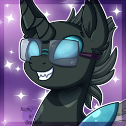 Size: 500x500 | Tagged: safe, artist:happy-go-creative, oc, oc:tarsi, changeling, avatar, bust, commission, glasses, grin, icon, portrait, purple, smiling, your character here