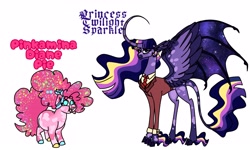 Size: 4096x2458 | Tagged: safe, artist:dodiejinx, pinkie pie, twilight sparkle, alicorn, bat pony, bat pony alicorn, pony, g4, bat wings, blackletter, chubby, clothes, concave belly, curved horn, flowing mane, headcanon, height difference, horn, hybrid wings, jacket, necktie, older, older pinkie pie, older twilight, physique difference, scarf, shirt, simple background, slender, smol, tall, thin, twilight sparkle (alicorn), white background, wings