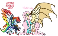 Size: 3989x2458 | Tagged: safe, artist:dodiejinx, fluttershy, rainbow dash, bat pony, pegasus, pony, g4, bat ponified, bat wings, bomber jacket, clothes, colored wings, feathered fetlocks, flutterbat, headcanon, high res, hybrid wings, jacket, long mane, long tail, multicolored wings, older, older fluttershy, older rainbow dash, race swap, rainbow wings, sweater, wings