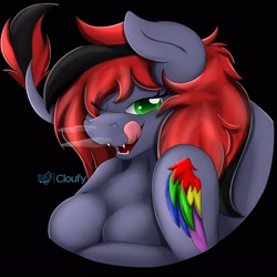 Size: 2500x2500 | Tagged: safe, artist:cloufy, oc, oc only, oc:charrie, dracony, dragon, hybrid, anthro, breasts, chestbreasts, high res, one eye closed, rainbow tattoo, simple background, smiling, smirk, smoke, tattoo, tongue out, wink