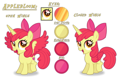 Size: 3112x2104 | Tagged: safe, artist:purplepotato04, apple bloom, alicorn, pony, g4, alicornified, bloomicorn, high res, race swap, reference sheet, simple background, solo, transparent background, two toned wings, wings