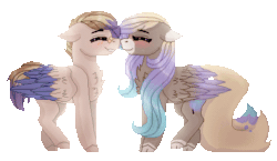 Size: 479x278 | Tagged: safe, artist:inspiredpixels, oc, oc only, pegasus, pony, animated, bandaid, bandaid on nose, blushing, chest fluff, colored wings, duo, eyes closed, floppy ears, folded wings, gif, simple background, transparent background, two toned wings, wings