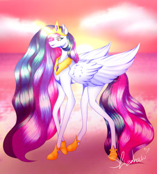 Size: 1280x1415 | Tagged: safe, artist:shizaharu, princess celestia, alicorn, pony, g4, beach, solo, sunset