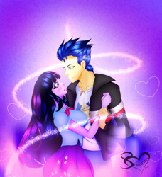 Size: 1280x1402 | Tagged: safe, artist:shizaharu, flash sentry, twilight sparkle, equestria girls, g4, breasts, female, heart, looking at each other, male, ship:flashlight, shipping, sparkles, straight