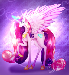 Size: 1280x1402 | Tagged: safe, artist:shizaharu, princess cadance, alicorn, pony, g4, abstract background, female, glowing horn, heart, horn, mare, raised hoof, solo