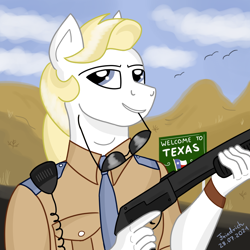 Size: 900x900 | Tagged: safe, artist:friedrich911, oc, oc only, anthro, clothes, flyer, gun, highway, highwayman, male, mountain, original character do not steal, police officer, shotgun, sky, solo, stallion, sunglasses, texas, uniform, weapon, white