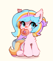 Size: 891x1026 | Tagged: safe, artist:astralblues, oc, oc only, pony, unicorn, chibi, donut, ear fluff, female, food, looking at you, mare, mouth hold, simple background, sitting, solo, sprinkles, white background