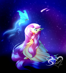 Size: 1280x1397 | Tagged: safe, artist:shizaharu, fluttershy, butterfly, pegasus, pony, g4, female, mare, night, shooting star, solo, stars