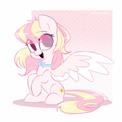 Size: 2500x2500 | Tagged: safe, artist:syrupyyy, oc, oc only, oc:ninny, pegasus, pony, bowtie, eyebrows, heterochromia, high res, looking at you, simple background, sitting